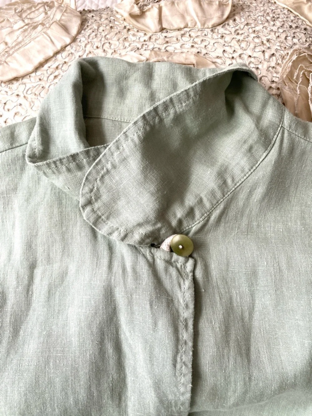 Flax 100% Sage Green Linen Button Front Tunic Shirt Top Long Sleeve Size L - Picture 6 of 16